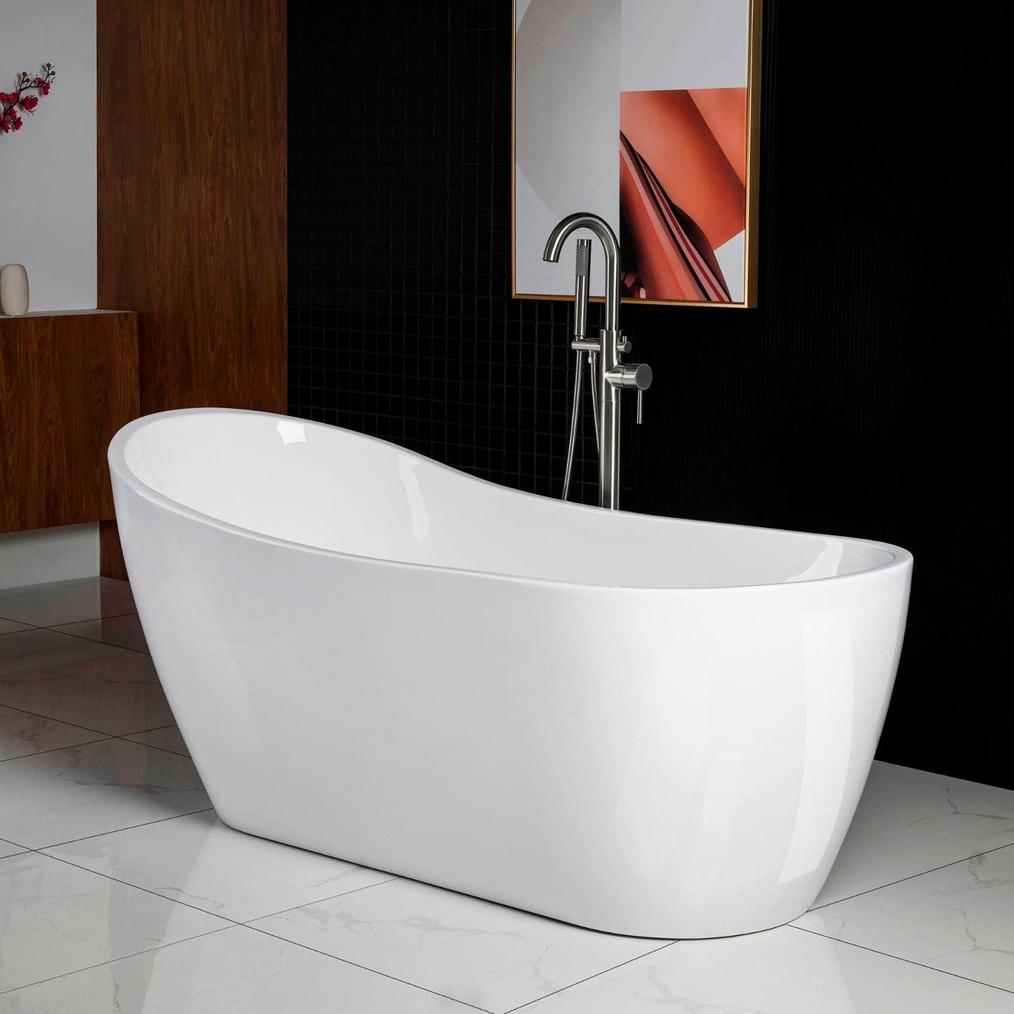 WoodBridge B0001 67" White Acrylic Freestanding Soaking Bathtub With Brushed Nickel Drain, Overflow, F0023BNRD Tub Filler and Caddy Tray