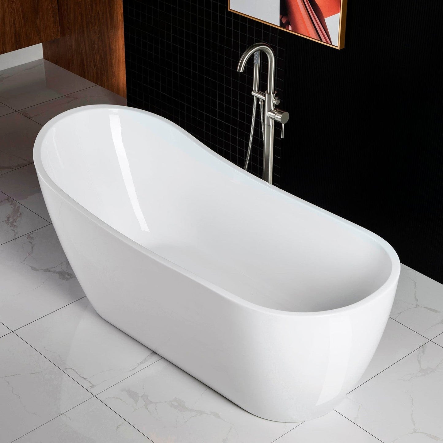 WoodBridge B0001 67" White Acrylic Freestanding Soaking Bathtub With Brushed Nickel Drain, Overflow, F0070BNVT Tub Filler and Caddy Tray