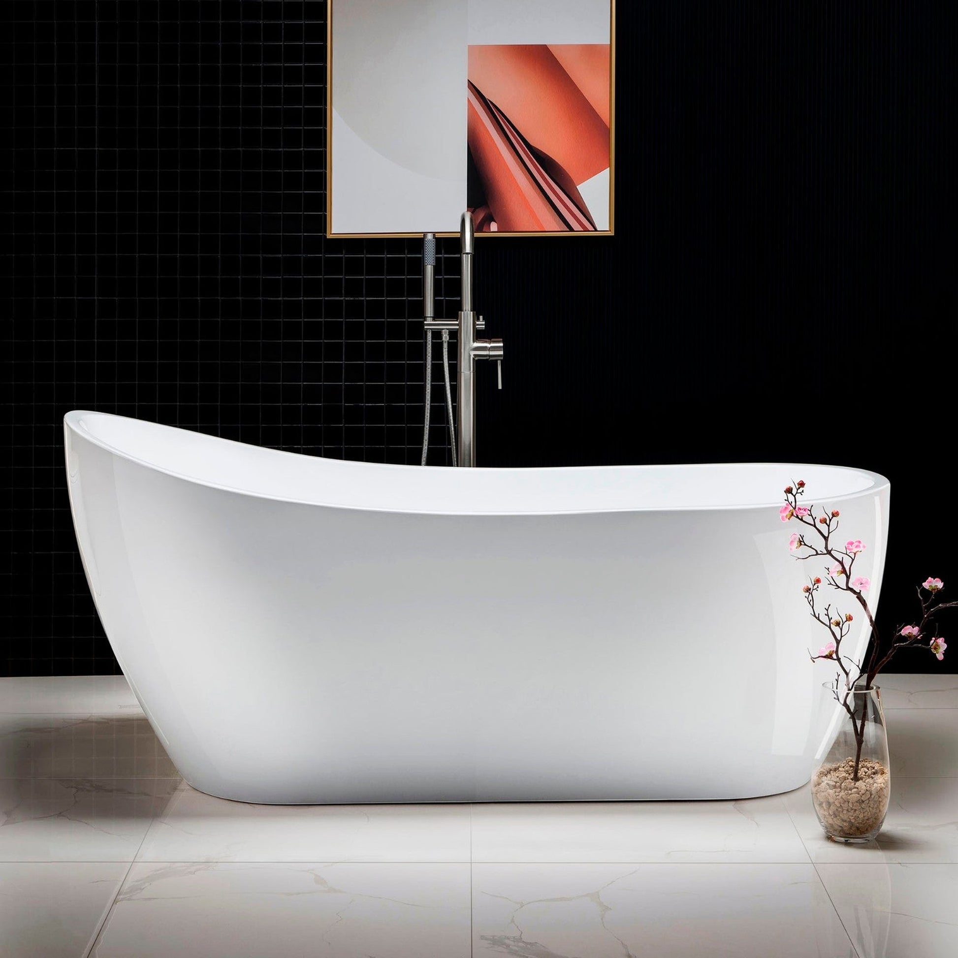 WoodBridge B0001 67" White Acrylic Freestanding Soaking Bathtub With Brushed Nickel Drain and Overflow