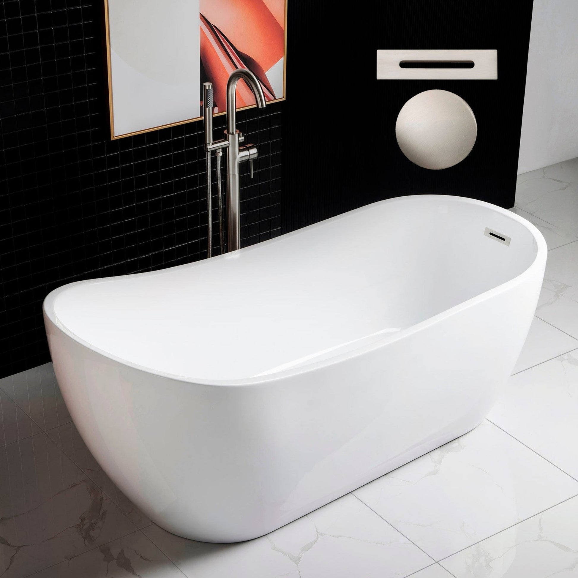 WoodBridge B0001 67" White Acrylic Freestanding Soaking Bathtub With Brushed Nickel Drain and Overflow