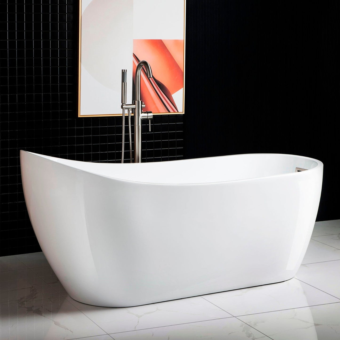 WoodBridge B0001 67" White Acrylic Freestanding Soaking Bathtub With Brushed Nickel Drain and Overflow