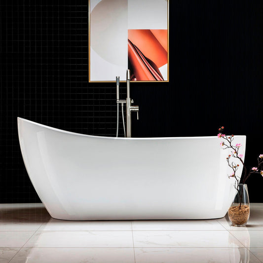 WoodBridge B0001 67" White Acrylic Freestanding Soaking Bathtub With Brushed Nickel Drain and Overflow