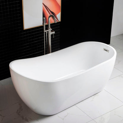 WoodBridge B0001 67" White Acrylic Freestanding Soaking Bathtub With Chrome Drain, Overflow, F0071CHVT Tub Filler and Caddy Tray