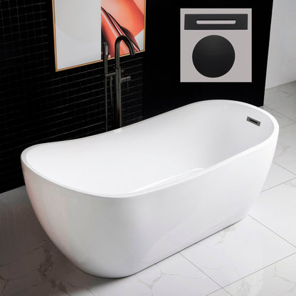 WoodBridge B0001 67" White Acrylic Freestanding Soaking Bathtub With Matte Black Drain, Overflow, F0072MBVT Tub Filler and Caddy Tray