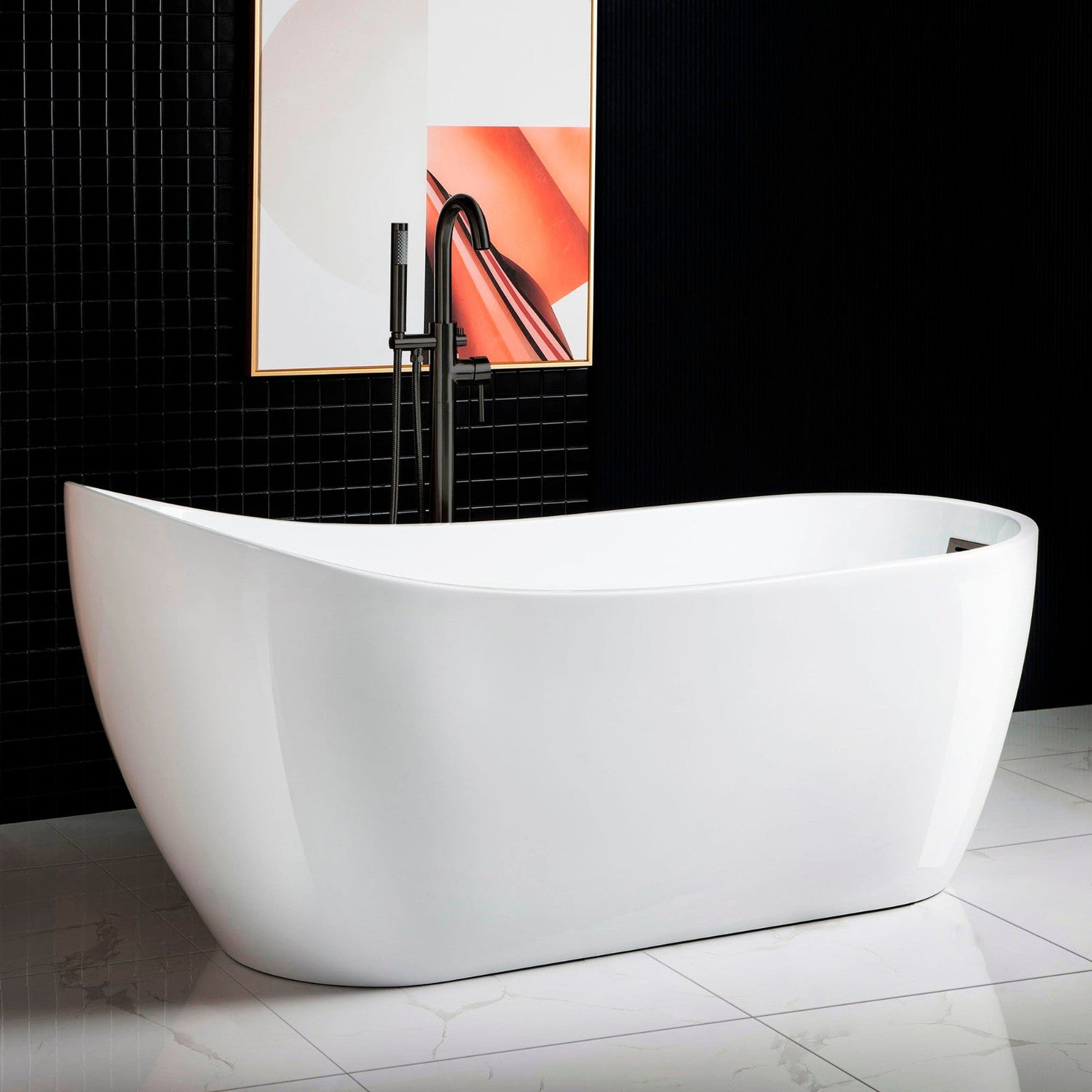 WoodBridge B0001 67" White Acrylic Freestanding Soaking Bathtub With Matte Black Drain, Overflow, F0072MBVT Tub Filler and Caddy Tray