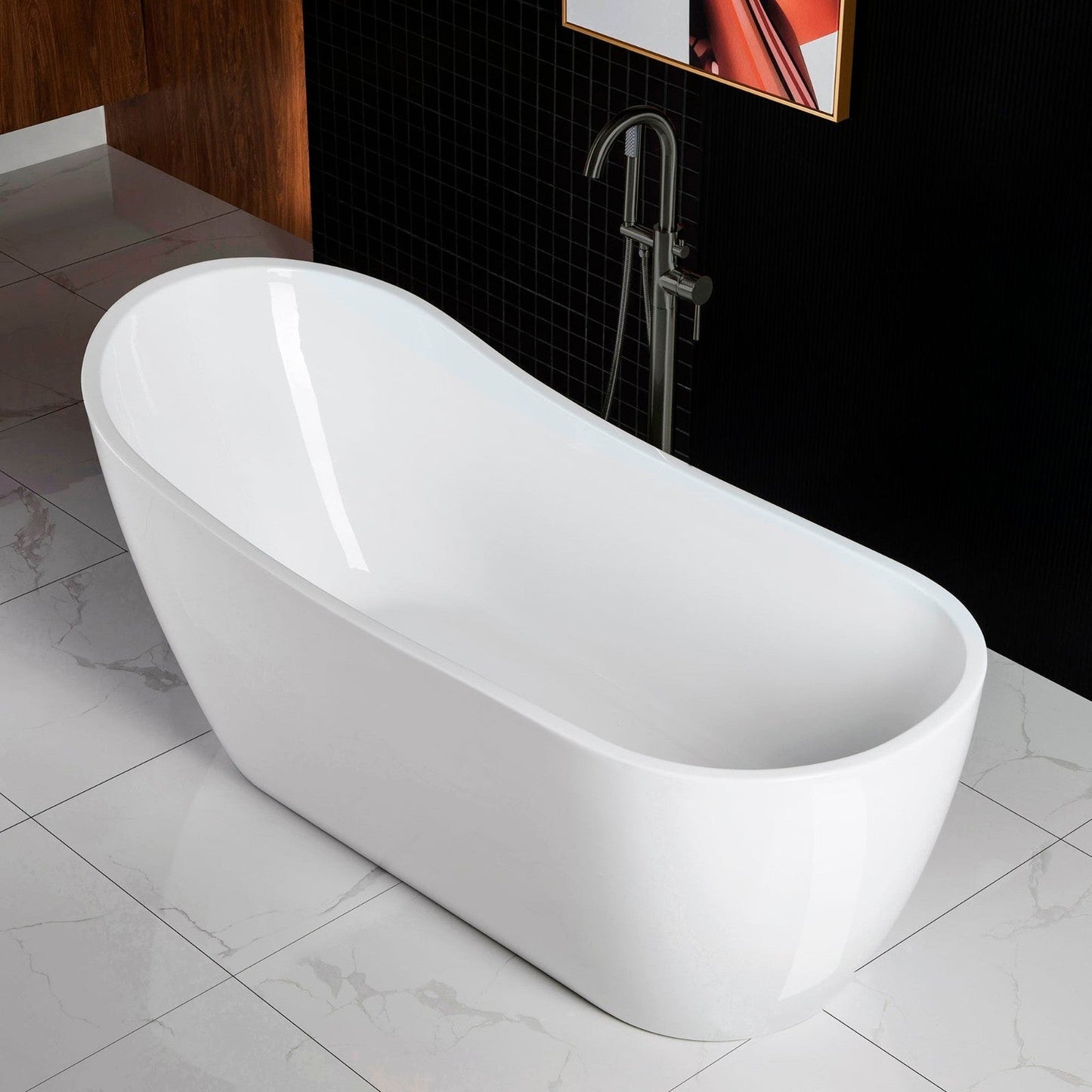 WoodBridge B0001 67" White Acrylic Freestanding Soaking Bathtub With Matte Black Drain, Overflow, F0072MBVT Tub Filler and Caddy Tray