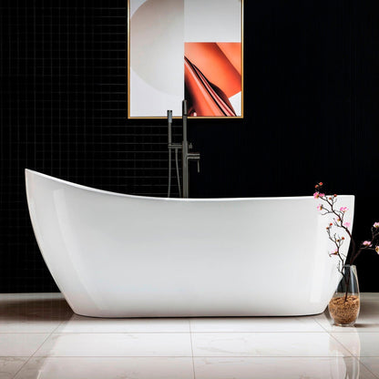 WoodBridge B0001 67" White Acrylic Freestanding Soaking Bathtub With Matte Black Drain, Overflow, F0072MBDR Tub Filler and Caddy Tray