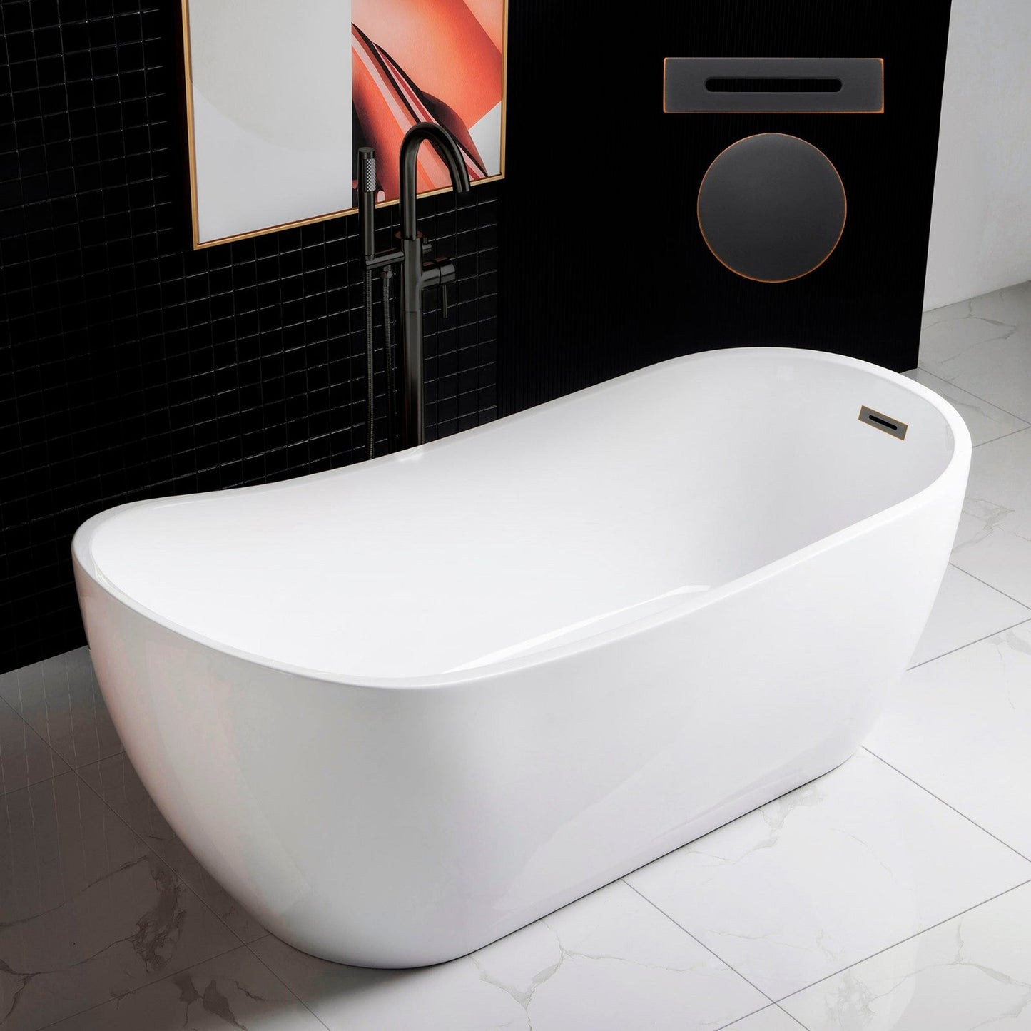 WoodBridge B0001 67" White Acrylic Freestanding Soaking Bathtub With Oil Rubbed Bronze Drain and Overflow