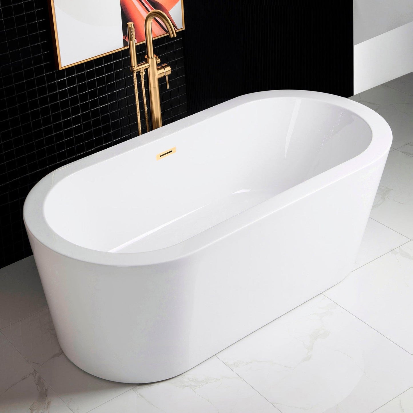 WoodBridge B0002 66" White Acrylic Freestanding Soaking Bathtub With Brushed Gold Drain, Overflow, F0073BGVT Tub Filler and Caddy Tray