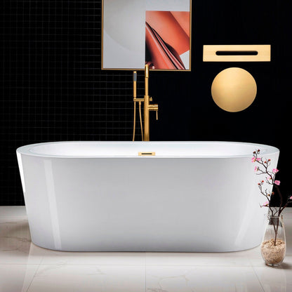 WoodBridge B0002 66" White Acrylic Freestanding Soaking Bathtub With Brushed Gold Drain, Overflow, F0073BGVT Tub Filler and Caddy Tray