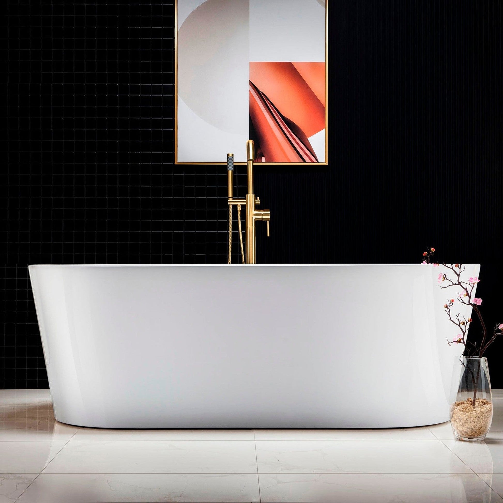 WoodBridge B0002 66" White Acrylic Freestanding Soaking Bathtub With Brushed Gold Drain, Overflow, F0073BGVT Tub Filler and Caddy Tray