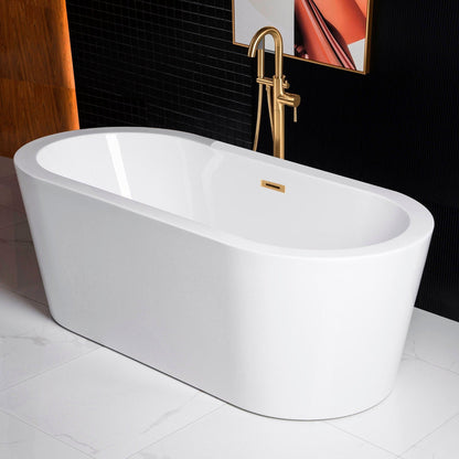 WoodBridge B0002 66" White Acrylic Freestanding Soaking Bathtub With Brushed Gold Drain, Overflow, F0073BGVT Tub Filler and Caddy Tray