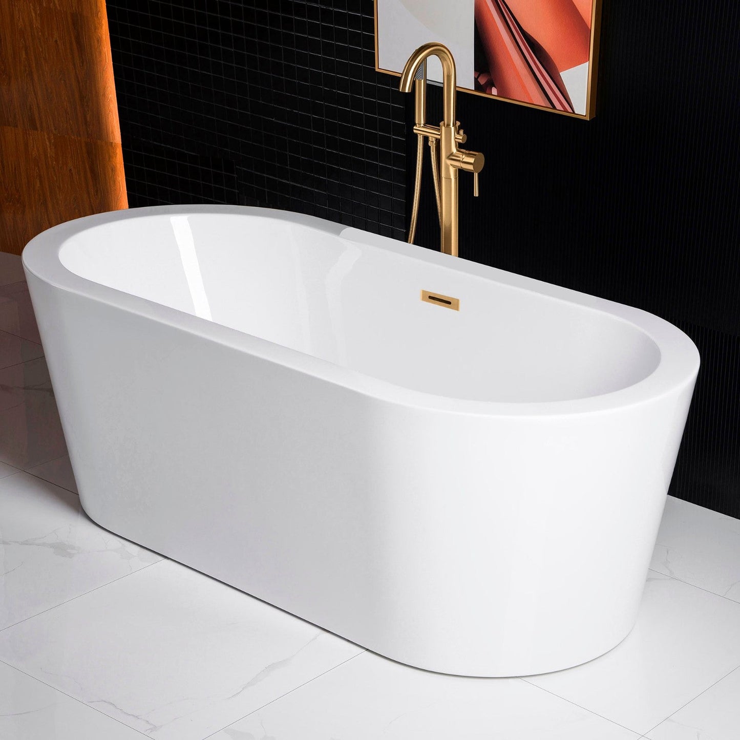 WoodBridge B0002 66" White Acrylic Freestanding Soaking Bathtub With Brushed Gold Drain and Overflow