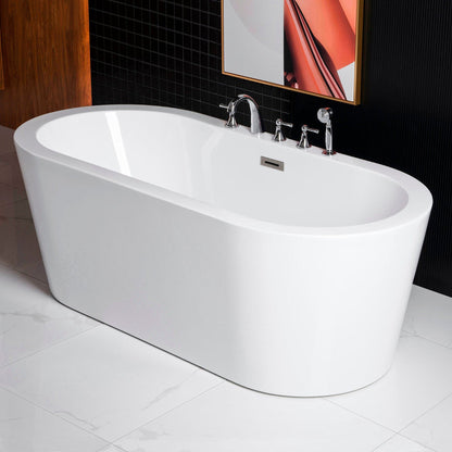 WoodBridge B0002 66" White Acrylic Freestanding Soaking Bathtub With Brushed Nickel Drain, Overflow, F0022 Deck Mount Tub Filler and Caddy Tray