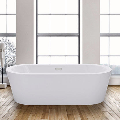 WoodBridge B0002 66" White Acrylic Freestanding Soaking Bathtub With Brushed Nickel Drain, Overflow, F0022 Deck Mount Tub Filler and Caddy Tray