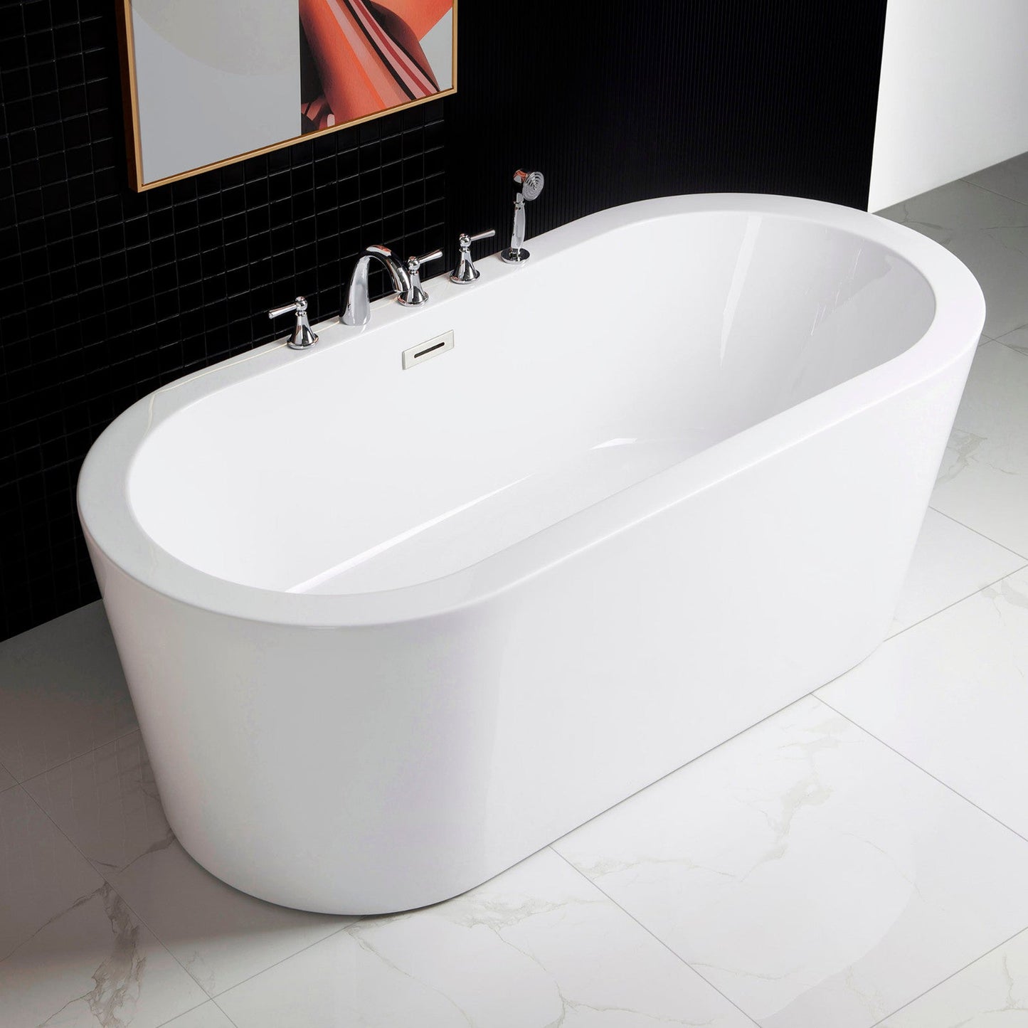 WoodBridge B0002 66" White Acrylic Freestanding Soaking Bathtub With Brushed Nickel Drain and Overflow