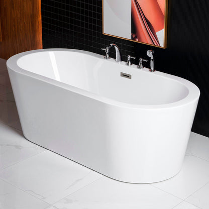 WoodBridge B0002 66" White Acrylic Freestanding Soaking Bathtub With Brushed Nickel Drain and Overflow