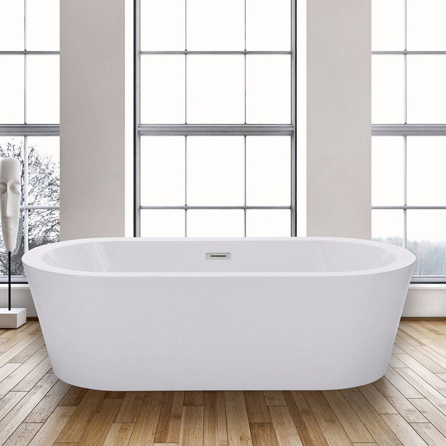 WoodBridge B0002 66" White Acrylic Freestanding Soaking Bathtub With Brushed Nickel Drain and Overflow