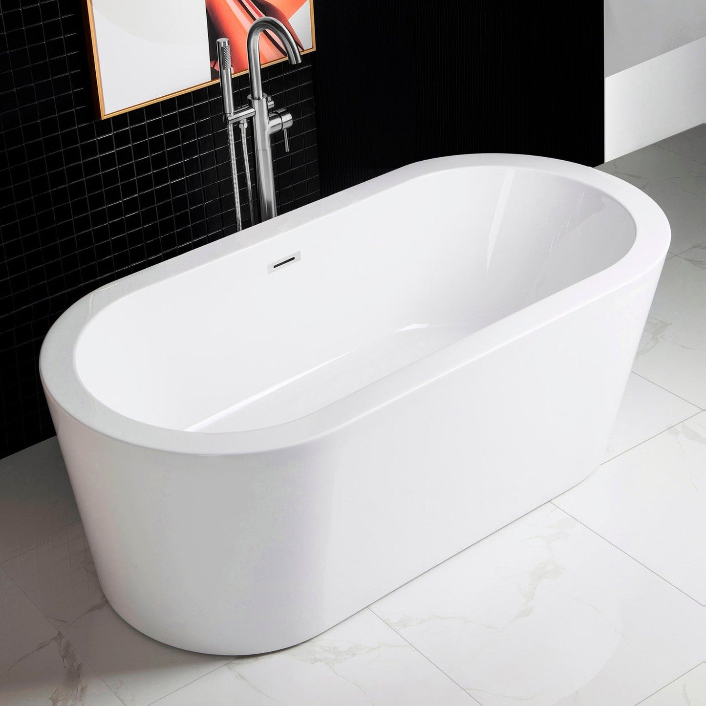 WoodBridge B0002 66" White Acrylic Freestanding Soaking Bathtub With Chrome Drain, Overflow, F0021 Tub Filler and Caddy Tray