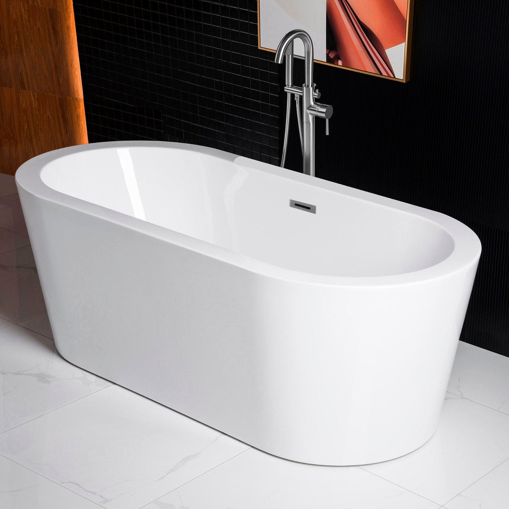 WoodBridge B0002 66" White Acrylic Freestanding Soaking Bathtub With Chrome Drain, Overflow, F0021 Tub Filler and Caddy Tray