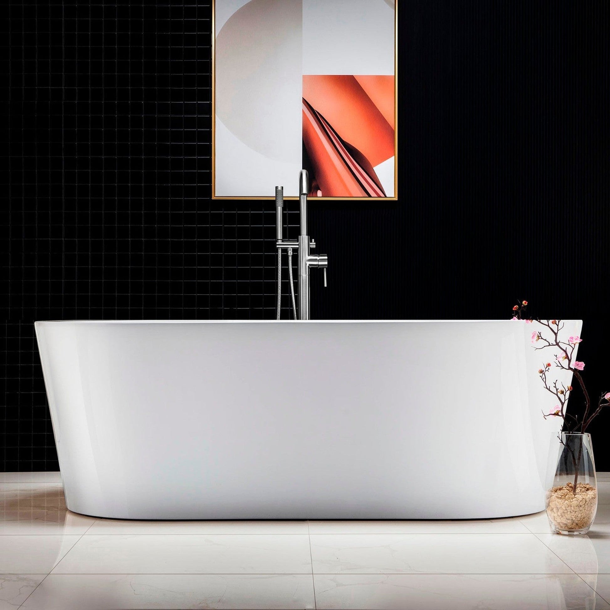 WoodBridge B0002 66" White Acrylic Freestanding Soaking Bathtub With Chrome Drain, Overflow, F0021 Tub Filler and Caddy Tray