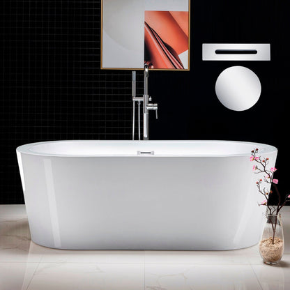 WoodBridge B0002 66" White Acrylic Freestanding Soaking Bathtub With Chrome Drain and Overflow