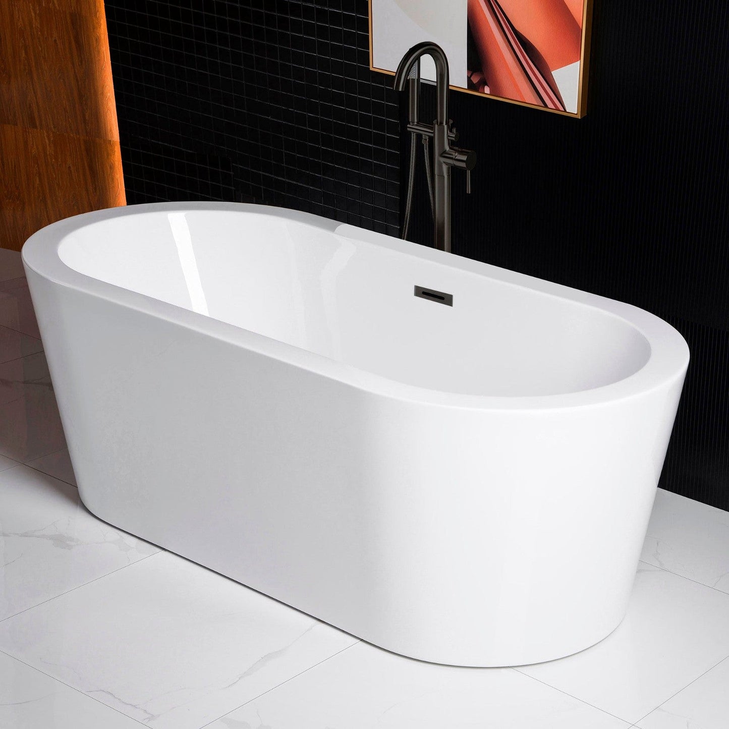 WoodBridge B0002 66" White Acrylic Freestanding Soaking Bathtub With Matte Black Drain, Overflow, F0072MBVT Tub Filler and Caddy Tray