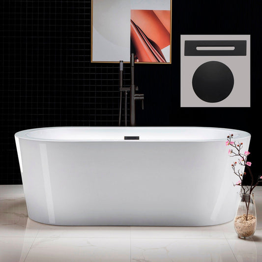 WoodBridge B0002 66" White Acrylic Freestanding Soaking Bathtub With Matte Black Drain, Overflow, F0072MBVT Tub Filler and Caddy Tray