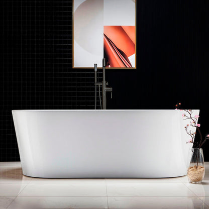 WoodBridge B0002 66" White Acrylic Freestanding Soaking Bathtub With Matte Black Drain, Overflow, F0072MBVT Tub Filler and Caddy Tray