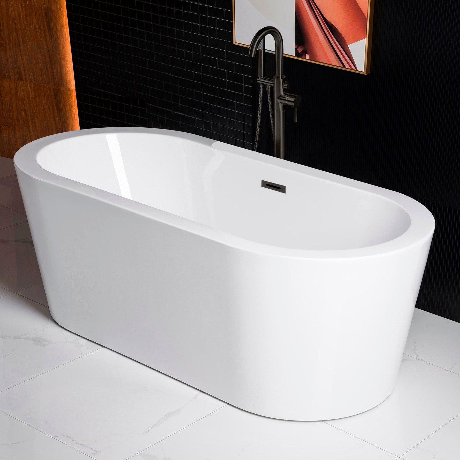 WoodBridge B0002 66" White Acrylic Freestanding Soaking Bathtub With Matte Black Drain and Overflow