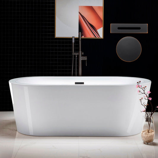 WoodBridge B0002 66" White Acrylic Freestanding Soaking Bathtub With Oil Rubbed Bronze Drain and Overflow