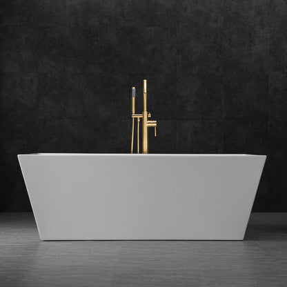 WoodBridge B0003 67" White Acrylic Freestanding Soaking Bathtub With Brushed Gold Drain and Overflow