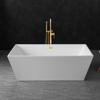 WoodBridge B0003 67" White Acrylic Freestanding Soaking Bathtub With Brushed Gold Drain and Overflow