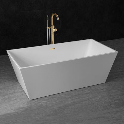 WoodBridge B0003 67" White Acrylic Freestanding Soaking Bathtub With Brushed Gold Drain and Overflow