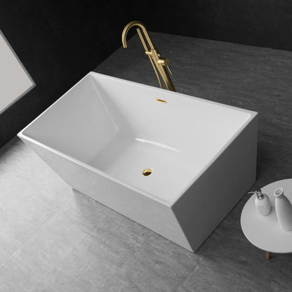 WoodBridge B0003 67" White Acrylic Freestanding Soaking Bathtub With Brushed Gold Drain and Overflow