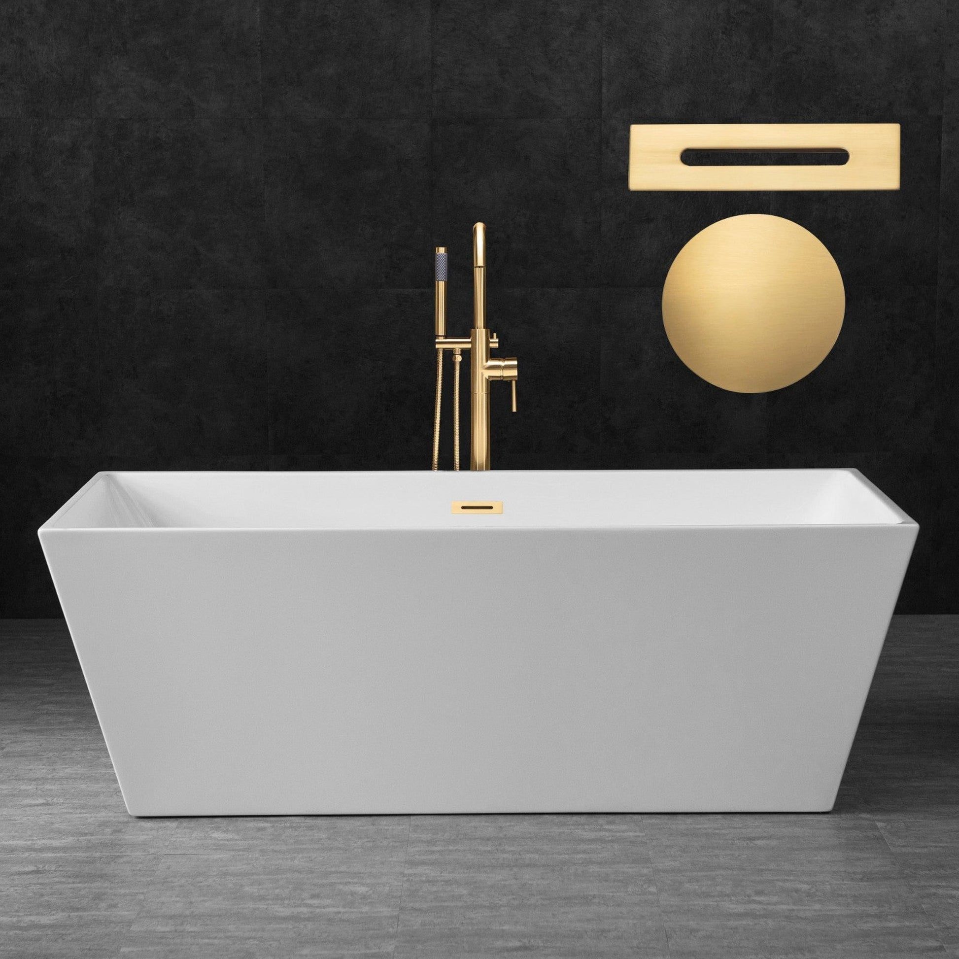 WoodBridge B0003 67" White Acrylic Freestanding Soaking Bathtub With Brushed Gold Drain and Overflow