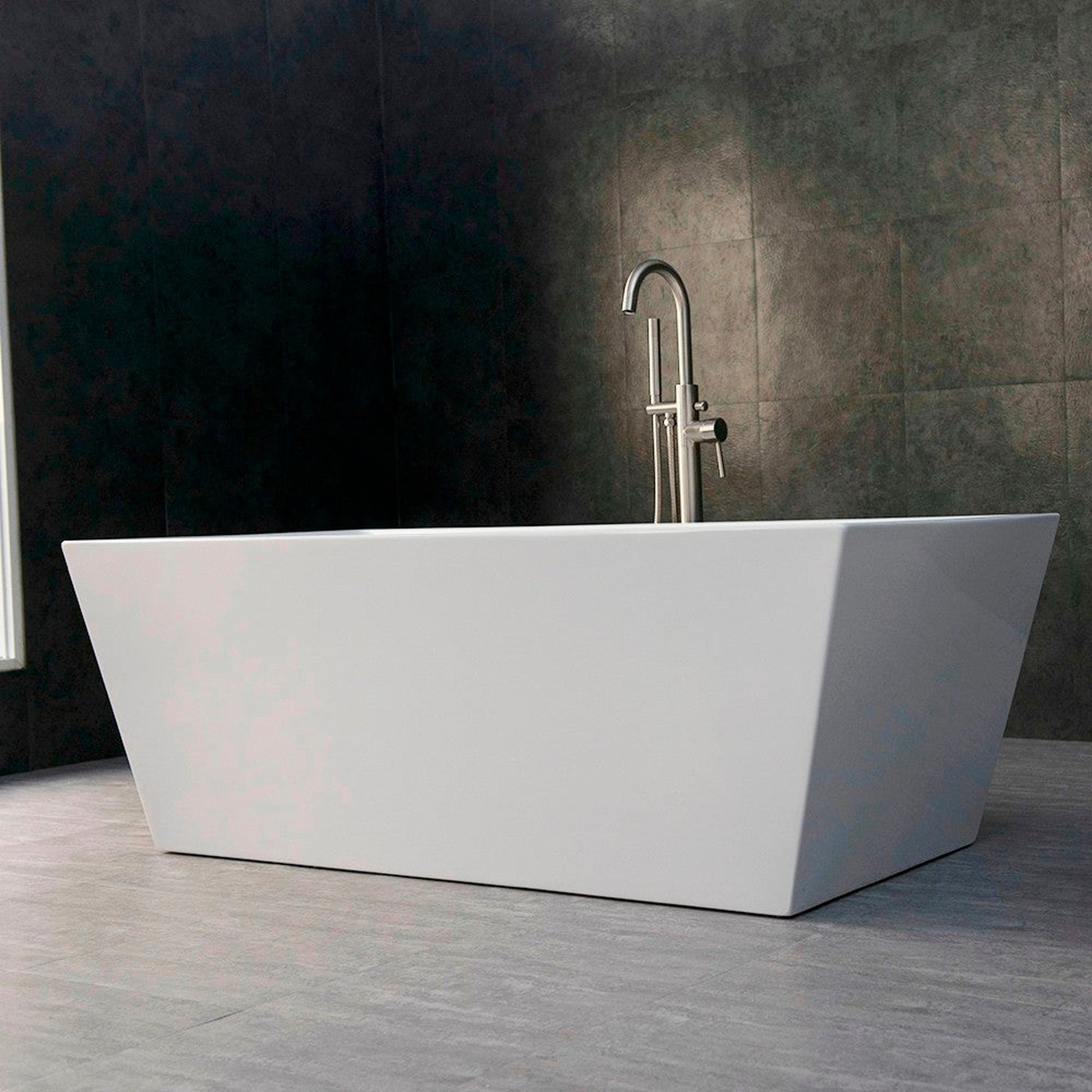 WoodBridge B0003 67" White Acrylic Freestanding Soaking Bathtub With Brushed Nickel Drain, Overflow, F0070BNVT Tub Filler and Caddy Tray