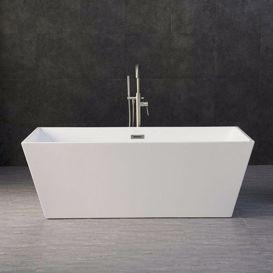 WoodBridge B0003 67" White Acrylic Freestanding Soaking Bathtub With Brushed Nickel Drain, Overflow, F0070BNVT Tub Filler and Caddy Tray