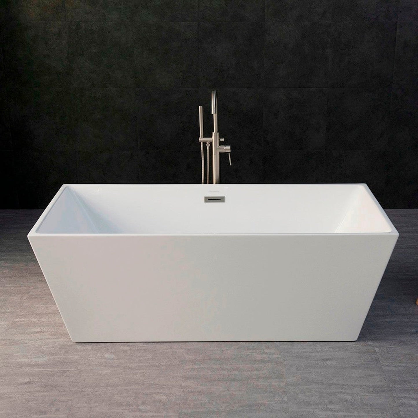 WoodBridge B0003 67" White Acrylic Freestanding Soaking Bathtub With Brushed Nickel Drain, Overflow, F0070BNVT Tub Filler and Caddy Tray