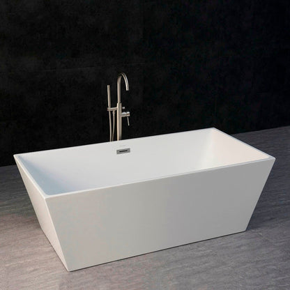 WoodBridge B0003 67" White Acrylic Freestanding Soaking Bathtub With Brushed Nickel Drain, Overflow, F0070BNVT Tub Filler and Caddy Tray