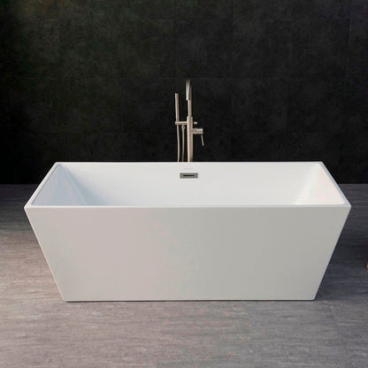 WoodBridge B0003 67" White Acrylic Freestanding Soaking Bathtub With Brushed Nickel Drain and Overflow