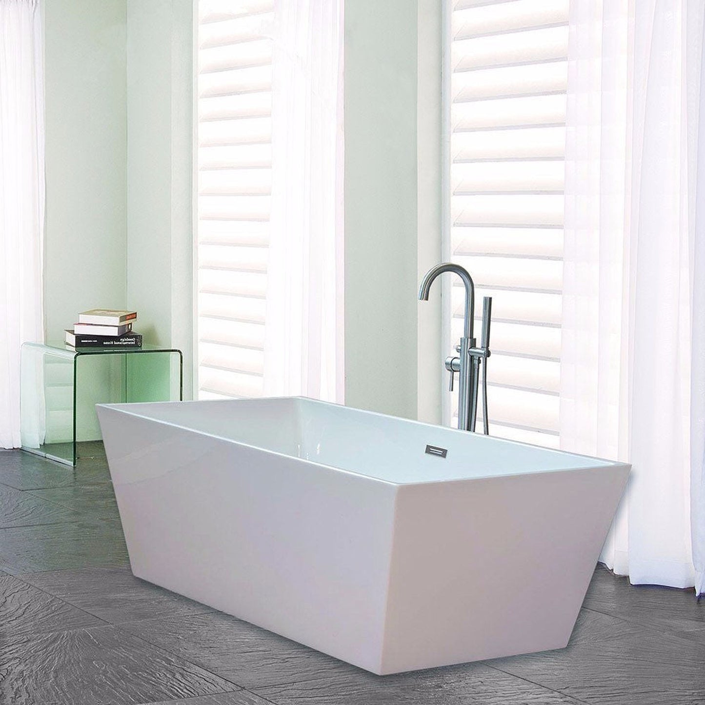 WoodBridge B0003 67" White Acrylic Freestanding Soaking Bathtub With Brushed Nickel Drain and Overflow