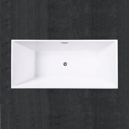 WoodBridge B0003 67" White Acrylic Freestanding Soaking Bathtub With Brushed Nickel Drain and Overflow