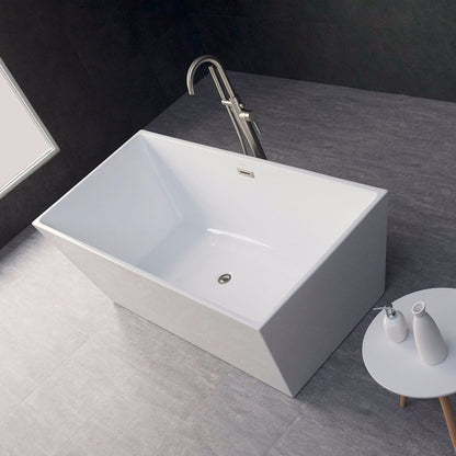 WoodBridge B0003 67" White Acrylic Freestanding Soaking Bathtub With Brushed Nickel Drain and Overflow