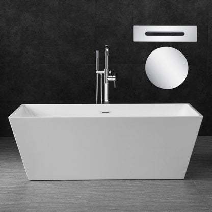 WoodBridge B0003 67" White Acrylic Freestanding Soaking Bathtub With Chrome Drain, Overflow, F0071CHVT Tub Filler and Caddy Tray