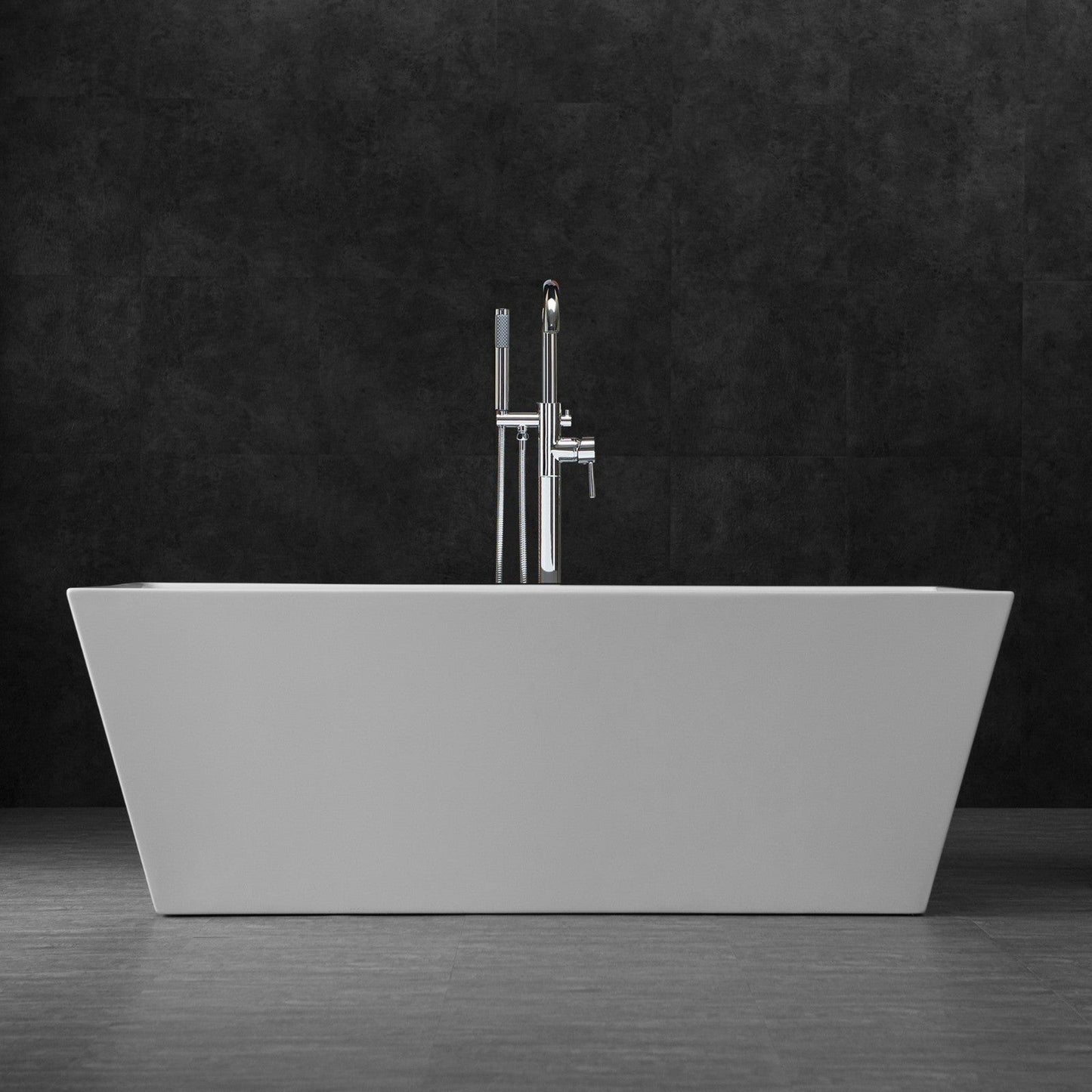 WoodBridge B0003 67" White Acrylic Freestanding Soaking Bathtub With Chrome Drain, Overflow, F0071CHVT Tub Filler and Caddy Tray