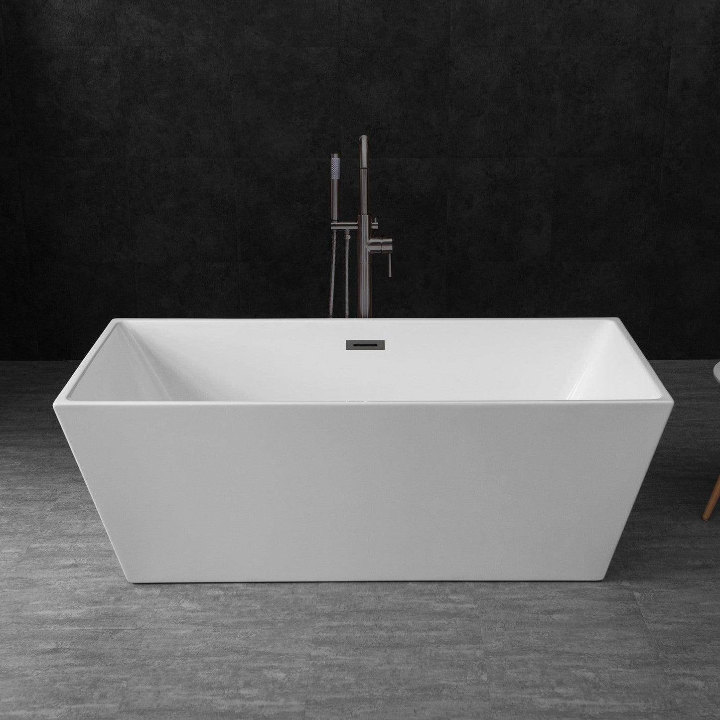 WoodBridge B0003 67" White Acrylic Freestanding Soaking Bathtub With Matte Black Drain, Overflow, F0072MBVT Tub Filler and Caddy Tray