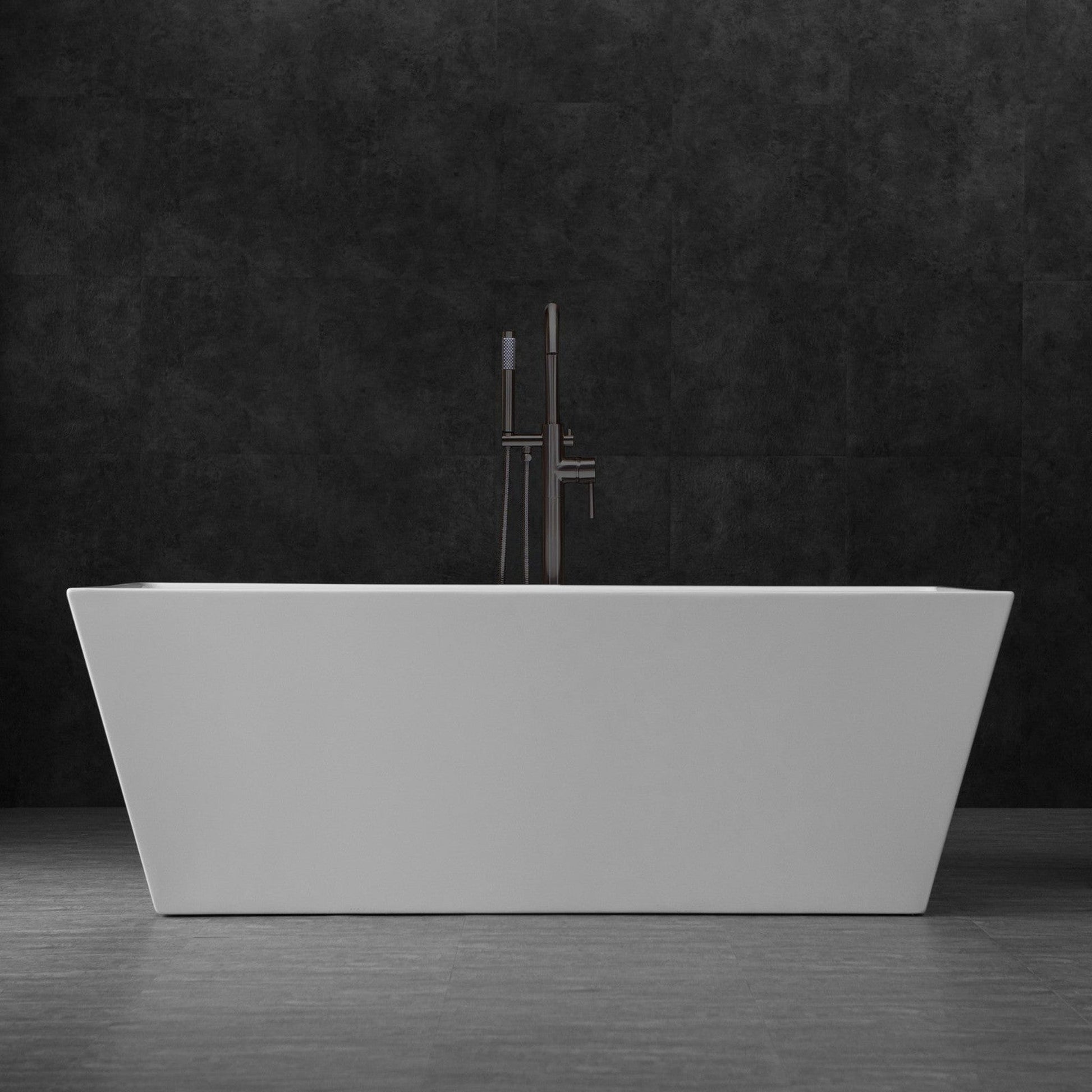 WoodBridge B0003 67" White Acrylic Freestanding Soaking Bathtub With Matte Black Drain, Overflow, F0072MBVT Tub Filler and Caddy Tray