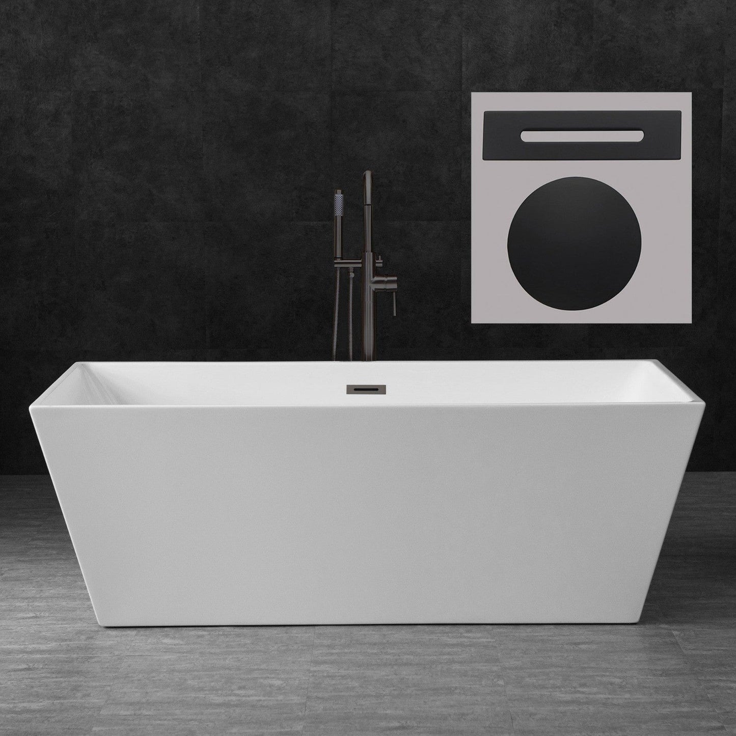 WoodBridge B0003 67" White Acrylic Freestanding Soaking Bathtub With Matte Black Drain, Overflow, F0072MBVT Tub Filler and Caddy Tray