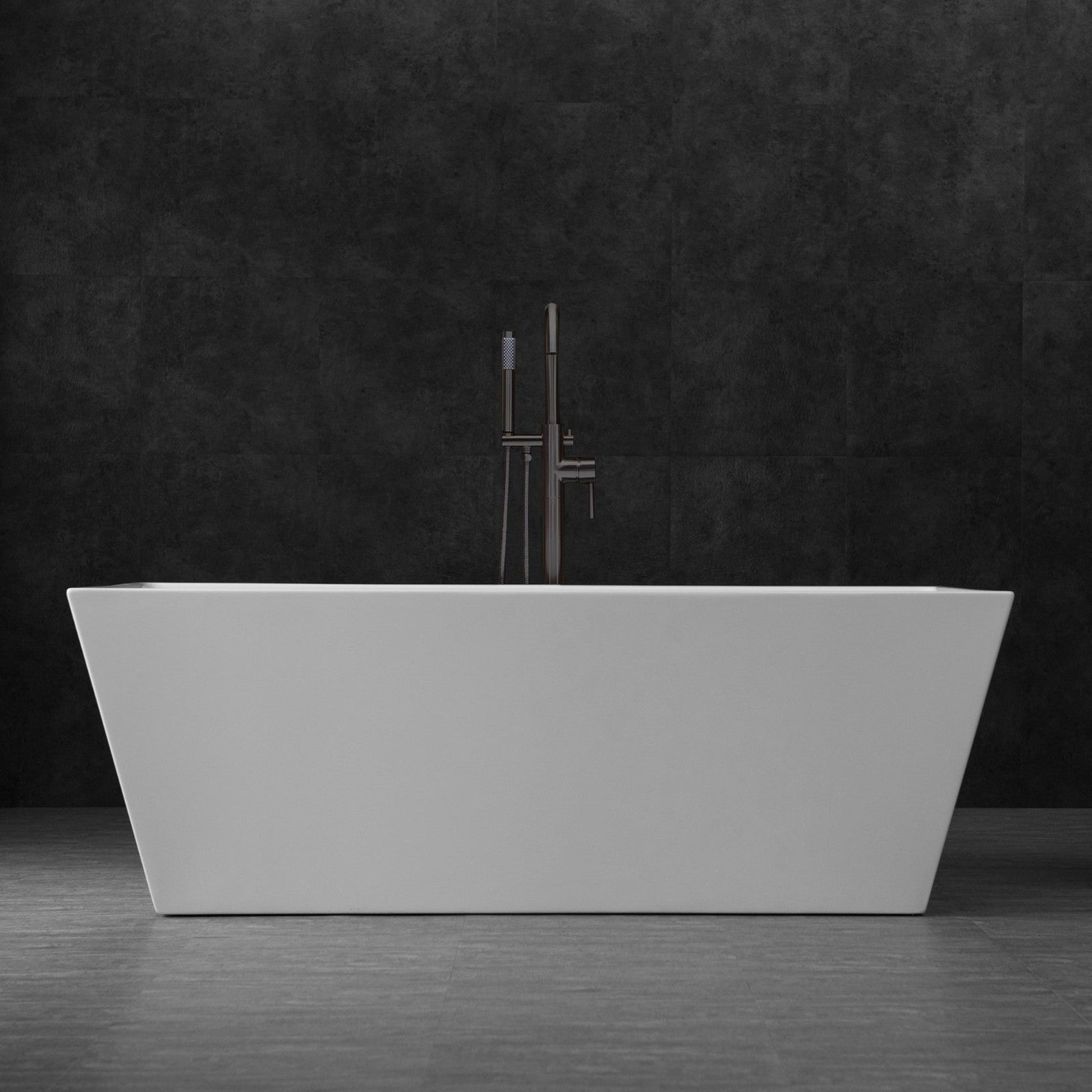 WoodBridge B0003 67" White Acrylic Freestanding Soaking Bathtub With Matte Black Drain and Overflow